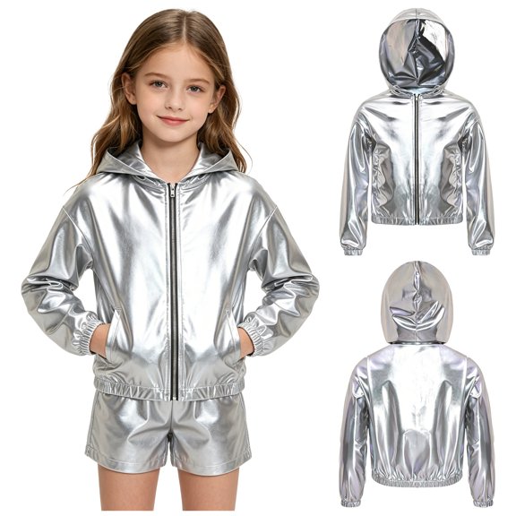 iiniim Girls Outerwear Stage Jacket Hip-hop Coat Hoodies Bomber Sparkly Tops Dancewear Silver 8