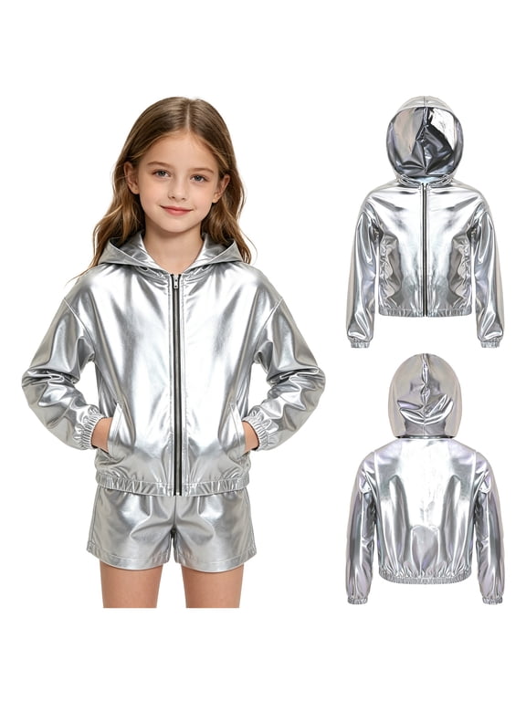 Girls Outerwear Stage Jacket Hip-hop Coat Hoodies Bomber Sparkly Tops Dancewear Silver 8