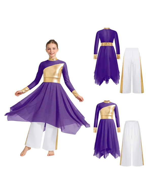 Girls Praise Dance Dress Long Sleeve Church Robe With Palazzo Pants Outfit Worship Liturgical Dancewear Purple&White 6