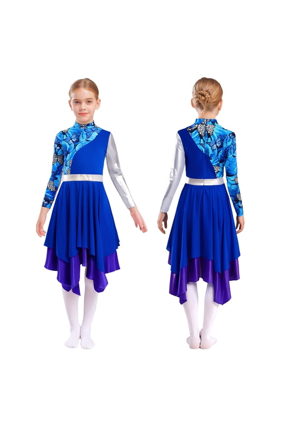 Girls Praise Dance Dress Print Long Sleeve Mock Neck Liturgical Lyrical Worship Church Robe Dancewear Blue 8