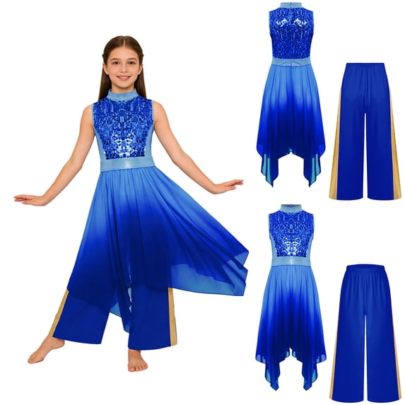 iiniim Girls Praise Dance Outfit Sequin Worship Asymmetrical Tunic with Wide Leg Pants Liturgical Dress Blue 14
