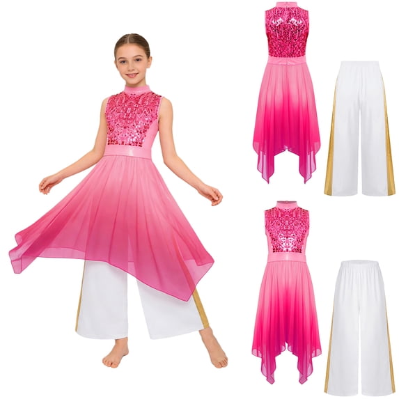 iiniim Girls Praise Dance Outfit Sequin Worship Asymmetrical Tunic with Wide Leg Pants Liturgical Dress Hot Pink 8