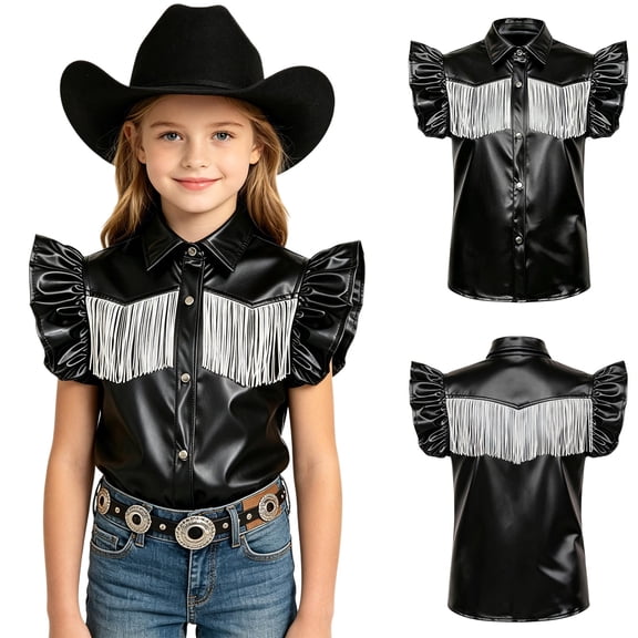 iiniim Girls Press Buttons Fringe Top Western Disco Dance Outfit Cowboys Shirts Shiny Metallic Blouse Tops Black 6