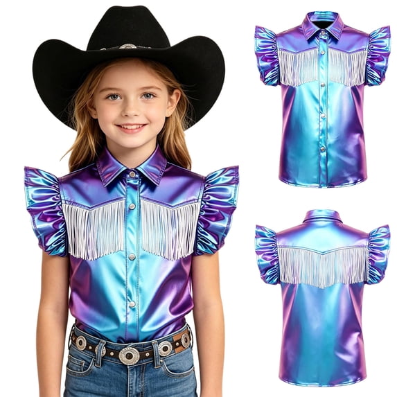 iiniim Girls Press Buttons Fringe Top Western Disco Dance Outfit Cowboys Shirts Shiny Metallic Blouse Tops Blue 12