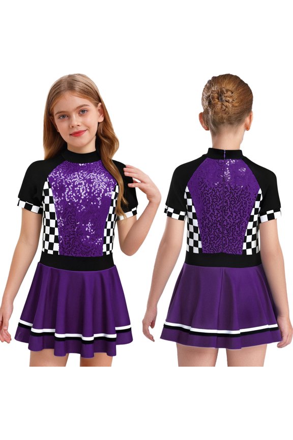 Girls Race Car Driver Racer Sequins Checkerboard Patchwork Short Sleeve Mini Dress Purple 16