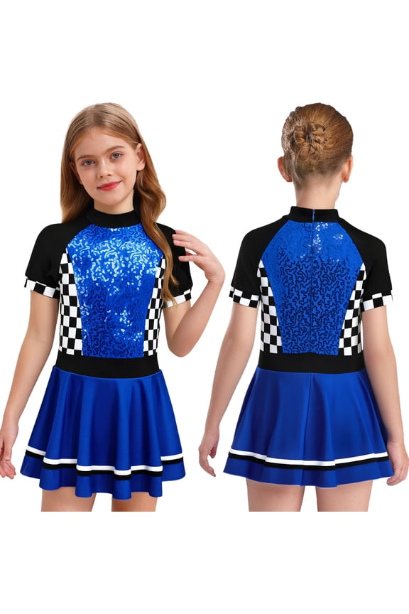 Girls Race Car Driver Racer Sequins Checkerboard Patchwork Short Sleeve Mini Dress Royal Blue 6