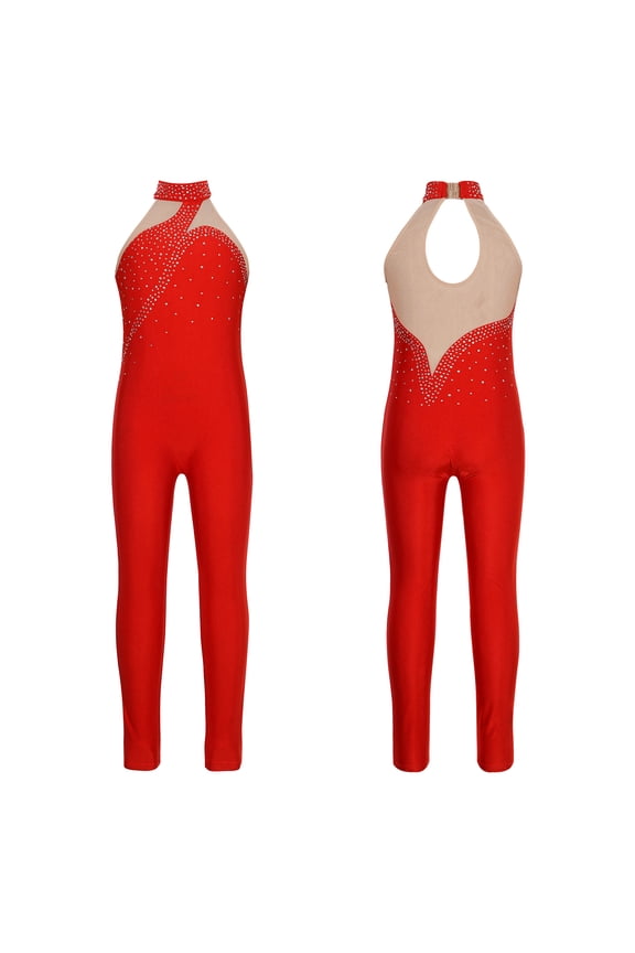 Girls Rhinestone Mesh Splice Tank Unitard Full Body One Piece Sleeveless Bodysuit Figure Ice Skating Jumpsuit A Red 6