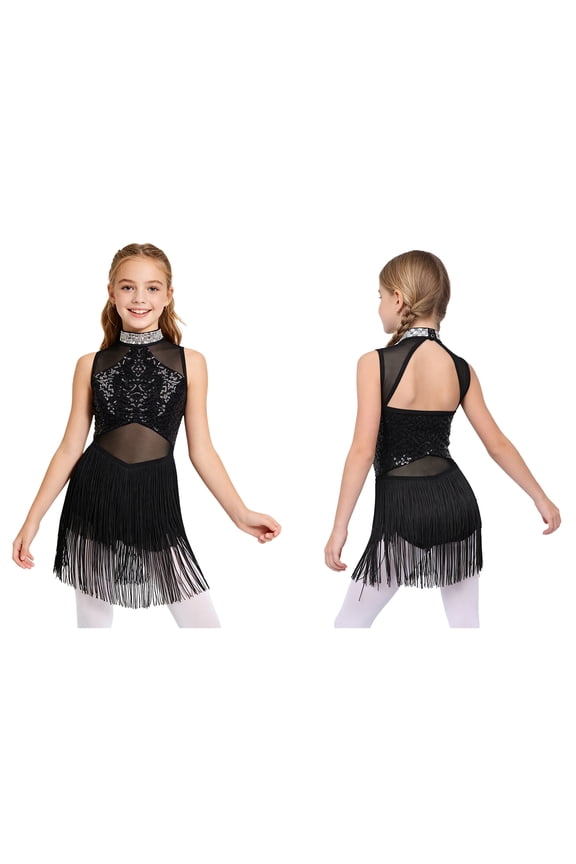 Girls Rhinestone Sequins Latin Dance Jazz Dress Tassel Samba Salsa Tango Rumba Ballroom Dancewear Black 14