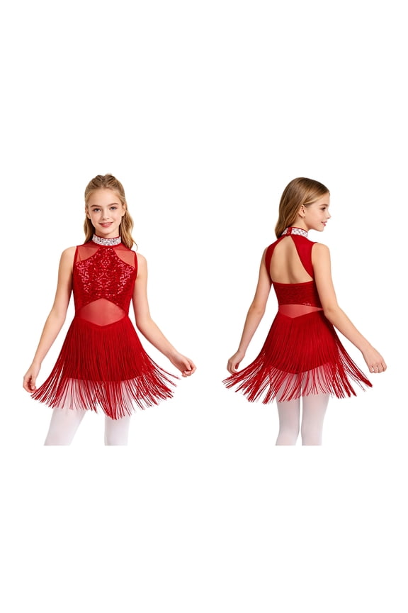 Girls Rhinestone Sequins Latin Dance Jazz Dress Tassel Samba Salsa Tango Rumba Ballroom Dancewear Burgundy 16