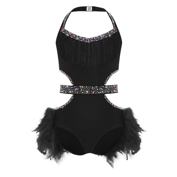 iiniim Girls Rhinestone Sleeveless Ballet Skirted Bodysuit Feather Jazz Latin Dance Leotard Performance Dancewear Black 14
