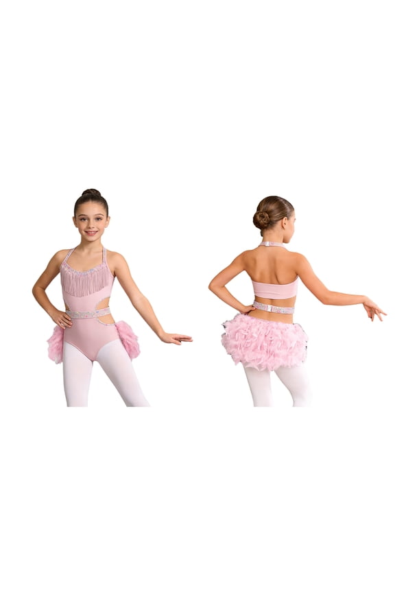 Girls Rhinestone Sleeveless Ballet Skirted Bodysuit Feather Jazz Latin Dance Leotard Performance Dancewear Pink 16