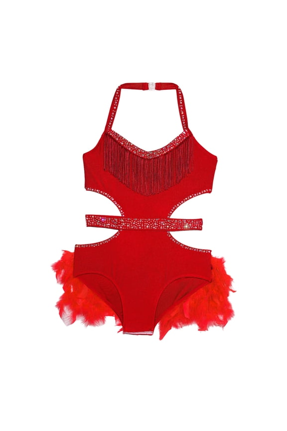 Girls Rhinestone Sleeveless Ballet Skirted Bodysuit Feather Jazz Latin Dance Leotard Performance Dancewear Red 6