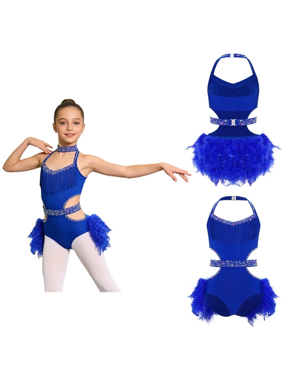 Girls Rhinestone Sleeveless Ballet Skirted Bodysuit Feather Jazz Latin Dance Leotard Performance Dancewear Royal Blue 12