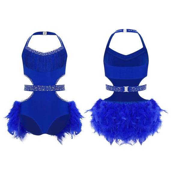 iiniim Girls Rhinestone Sleeveless Ballet Skirted Bodysuit Feather Jazz Latin Dance Leotard Performance Dancewear Royal Blue 6
