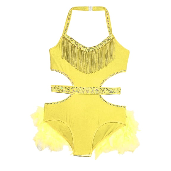 iiniim Girls Rhinestone Sleeveless Ballet Skirted Bodysuit Feather Jazz Latin Dance Leotard Performance Dancewear Yellow 6