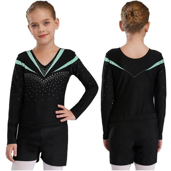 iiniim Girls Rhinestones Long Sleeve Gymnastics Leotards with Athletic Shorts Set Biketard Dancewear Light Green 10