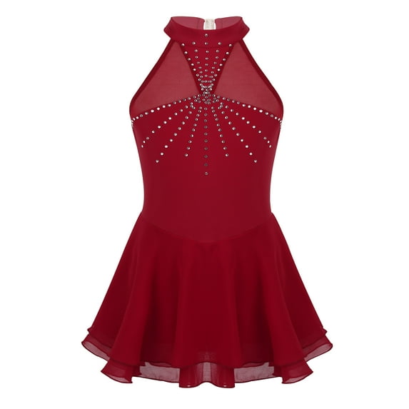 iiniim Girls Rhinestones Mock-Neck Figure Ice Skating Dress Gymnastic Ballet Dance Leotard Competition Costumes Burgundy 10
