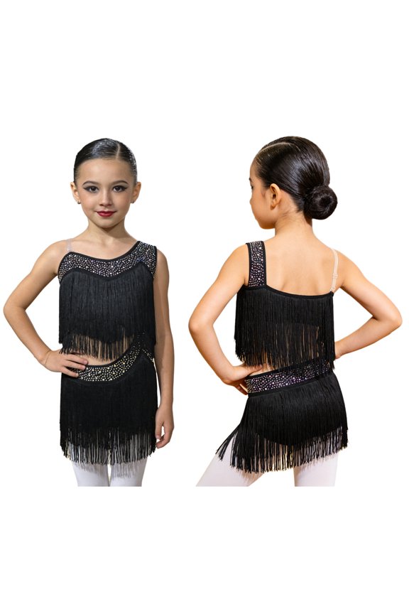 Girls Rhinestones Tassel Fringe Latin Dance Stage Performance Competitions Jazz Cha Cha Dress Black 6