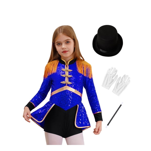 iiniim Girls Ringmaster Circus Outfit Halloween Long Sleeve Sequins Bodysuit with Hat Gloves Wand Set Blue 12