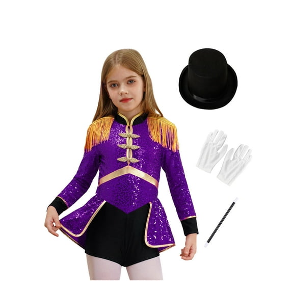 iiniim Girls Ringmaster Circus Outfit Halloween Long Sleeve Sequins Bodysuit with Hat Gloves Wand Set Purple 10