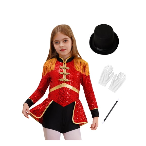 iiniim Girls Ringmaster Circus Outfit Halloween Long Sleeve Sequins Bodysuit with Hat Gloves Wand Set Red 14