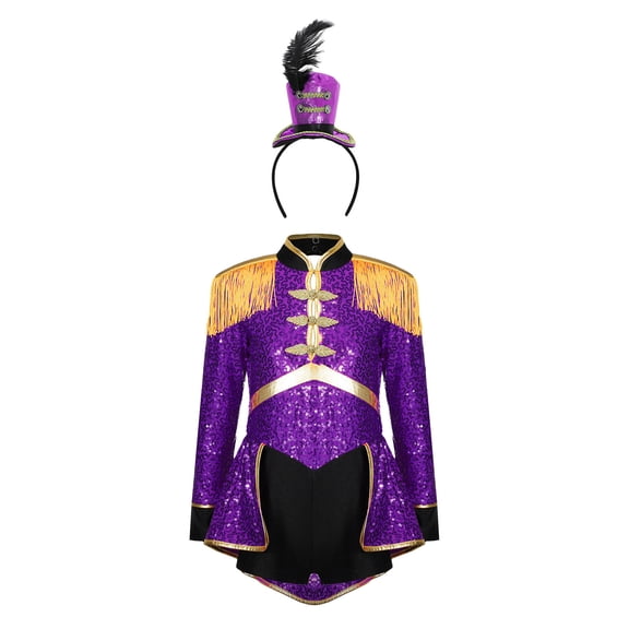 iiniim Girls Ringmaster Leotard Dress Long Sleeve Sparkly Sequins Dance Performance with Hat Set Purple 16