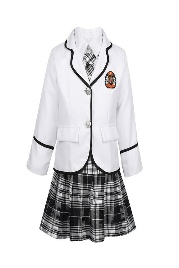 Girls School Uniforms Suit Jacket Coat Tops with Shirts Pleated Skirt Anime Sailor Clothings Size 4-14 White 10-12