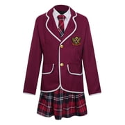 iiniim Girls School Uniforms Suit Jacket Coat Tops with Shirts Pleated Skirt Anime Sailor Cosplay Costume Size 4-14 Burgundy 12-14