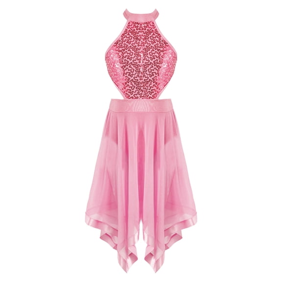 iiniim Girls Sequin Ballet Dress Halter Irregular Skirts Leotard Ballerina Lyrical Dancewear