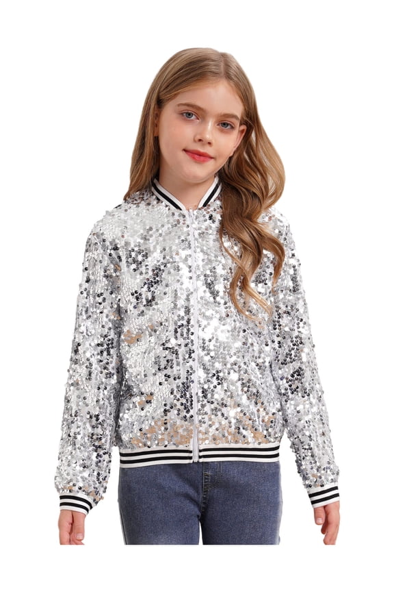 Girls Sequin Bomber Jacket Lightweight Sparkle Long Sleeve Zipper Jacket Coat Dancing Party A Silver 8