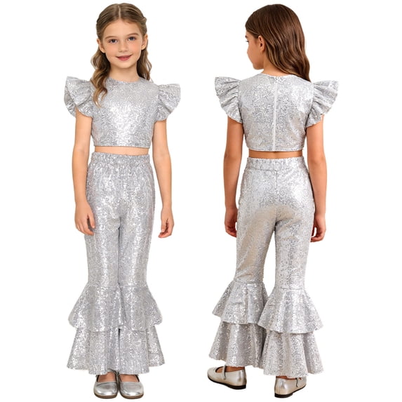 iiniim Girls Sequin Dance Outfit Hip Hop Jazz Crop Top and Pants Stage Performance Silver 12