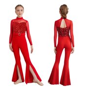 iiniim Girls Sequin Gymnastics Unitard Split Bell Bottom Jumpsuit Jazz Dance Outfit Full Body One Piece Red 14