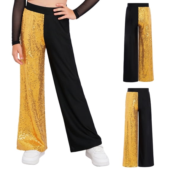 iiniim Girls Sequin Hip Hop Dance Sparkly Mid Rise Color Block Jazz Pants Disco Theme Party Wear Gold 6