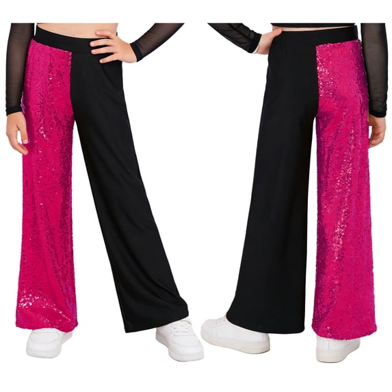 iiniim Girls Sequin Hip Hop Dance Sparkly Mid Rise Color Block Jazz Pants Disco Theme Party Wear Hot Pink 6