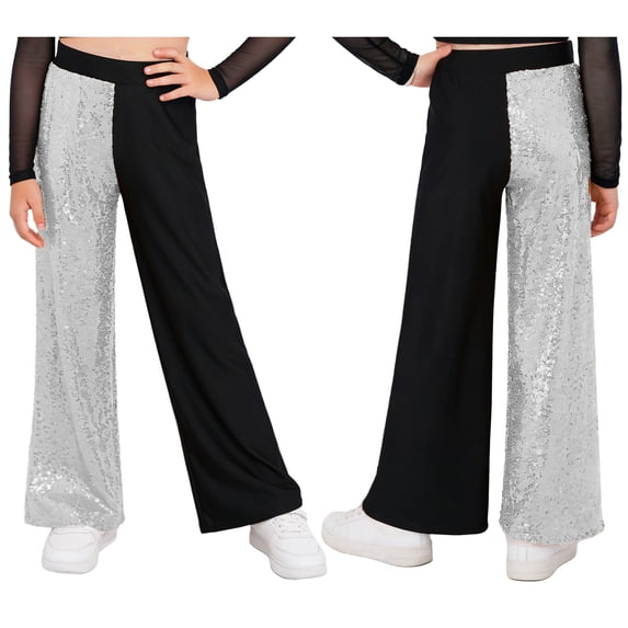 iiniim Girls Sequin Hip Hop Dance Sparkly Mid Rise Color Block Jazz Pants Disco Theme Party Wear Silver 16