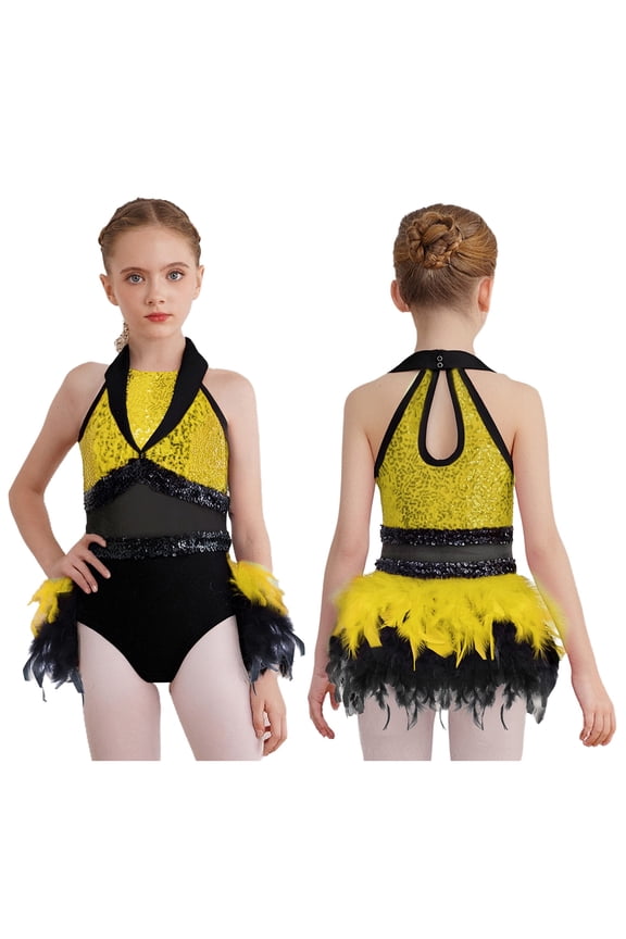 Girls Sequin Latin Jazz Dance Bodysuit Feather Tutu Dress Stage Performance Yellow 6