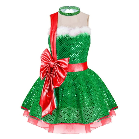 iiniim Girls Sequin Party Tutu Skirt Crewneck Sleeveless Bowknot Dance Dress Mrs Santa Cosplay Costume Green 10