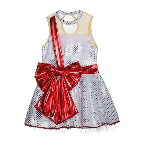 iiniim Girls Sequin Party Tutu Skirt Crewneck Sleeveless Bowknot Dance Dress Mrs Santa Cosplay Costume White 12