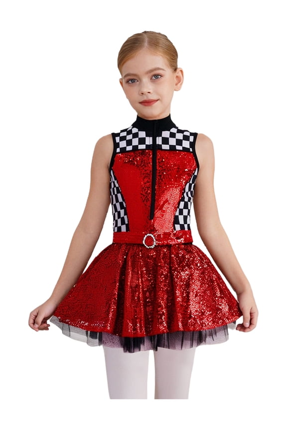 Girls Sequin Racer Dress Checkered Speed Race Car Driver Jumpsuit Sparkle Racing Clothings Red 8