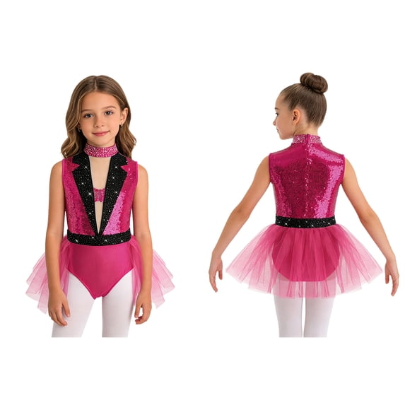 iiniim Girls Sequin Rhinestone Leotard Tulle Skirted Modern Contemporary Latin Jazz Ballet Dance Dress Dancewear Hot Pink 8