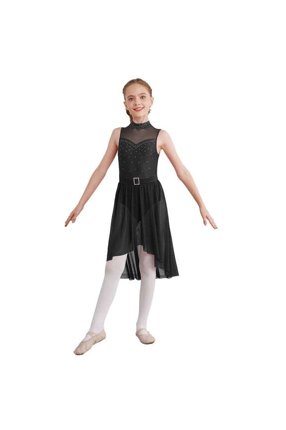 Girls Sequined Ballet Lyrical Dance Chiffon Dress Gymnastics Leotard Mesh Skirts Black 12