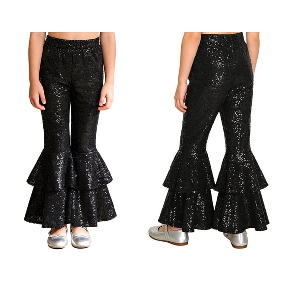 iiniim Girls Sequined Flared Long Dance Pants Elastic Waistband Wide Leg Jazz Pants Disco Hippie Party Black 6