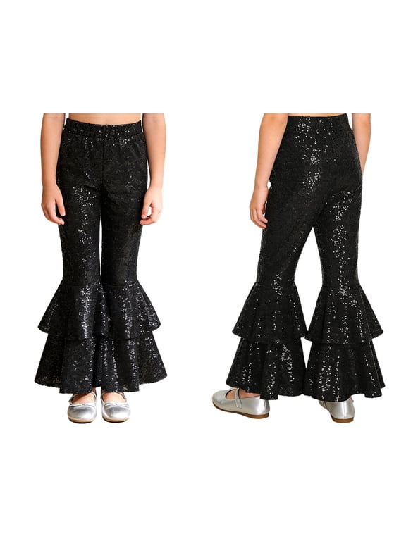 Girls Sequined Flared Long Dance Pants Elastic Waistband Wide Leg Jazz Pants Disco Hippie Party Black 6