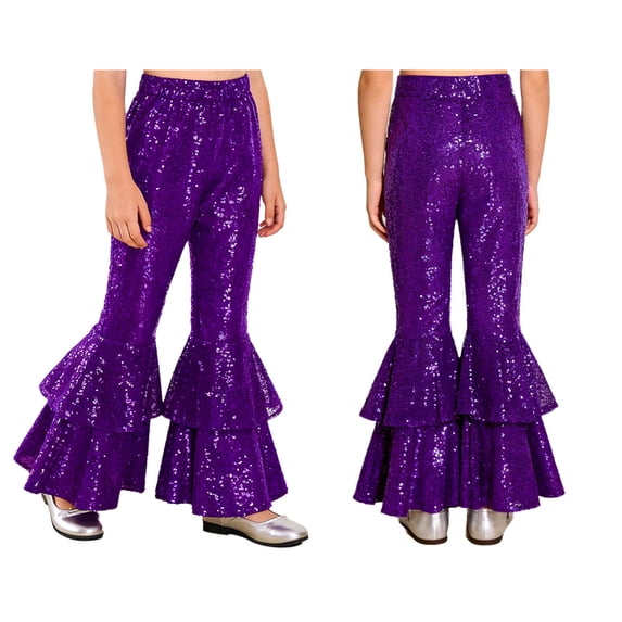 iiniim Girls Sequined Flared Long Dance Pants Elastic Waistband Wide Leg Jazz Pants Disco Hippie Party Purple 10