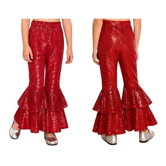 iiniim Girls Sequined Flared Long Dance Pants Elastic Waistband Wide Leg Jazz Pants Disco Hippie Party Red 6