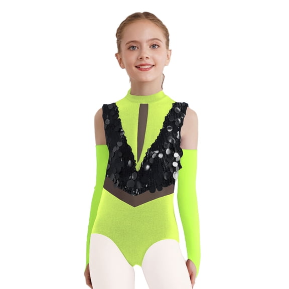 iiniim Girls Sequins Ballet Leotard Color Block Gymnastic Latin Jazz Modern Dance Bodysuit with Gloves Fluorescent Yellow 6