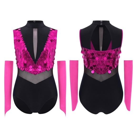iiniim Girls Sequins Ballet Leotard Color Block Gymnastic Latin Jazz Modern Dance Bodysuit with Gloves Hot Pink 6