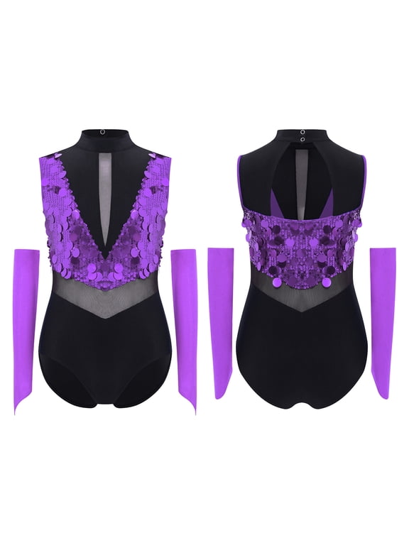 Girls Sequins Ballet Leotard Color Block Gymnastic Latin Jazz Modern Dance Bodysuit with Gloves Purple 8