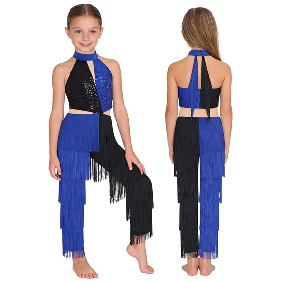 iiniim Girls Sequins Fringe Tassel Jumpsuit Latin Jazz Dance for Ballroom Rumba Tango Salsa Blue 12