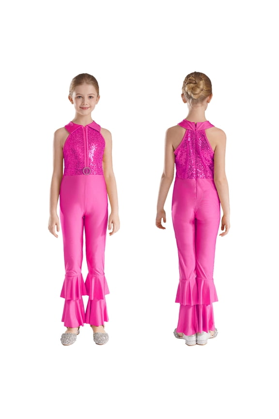 Girls Sequins Full Body Tank Unitard Catsuit Zipper Hippie Disco Dance Gymnastics Jumpsuit Playsuit Dancewear Size 6-14 A Hot Pink 6